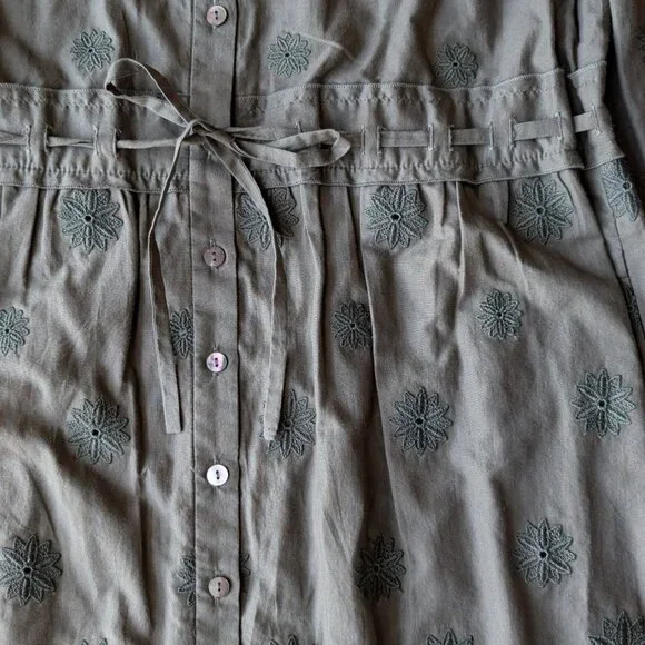 Diane Von Furstenberg Olive Green Floral Embroidered Long Sleeve Shirt Dress